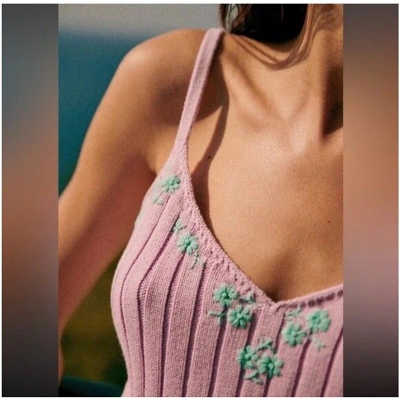 Sezane Ania Knit Sweater Tank Embroidered Lilac Sea Green Cotton - Picture 4 of 11